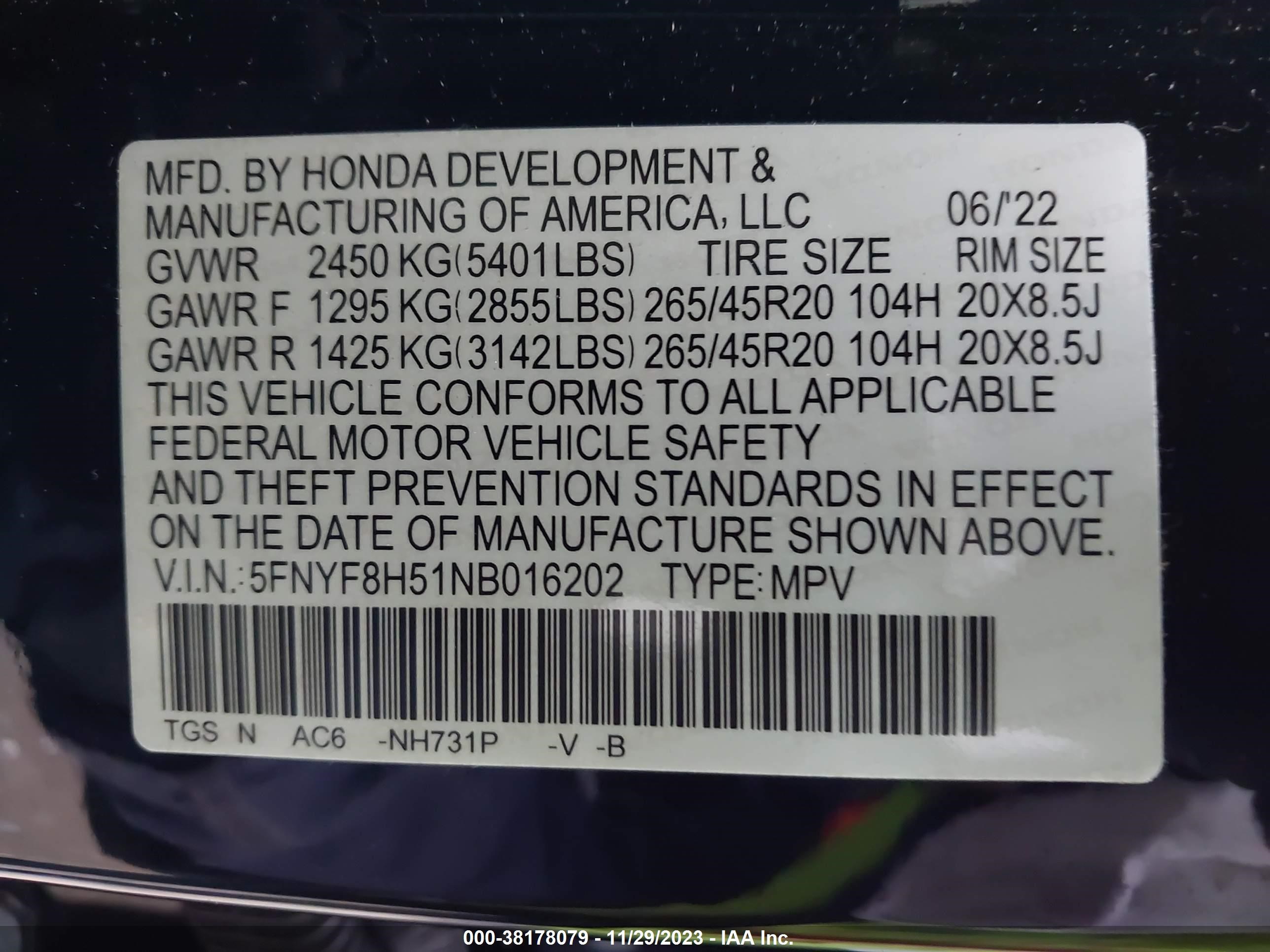 Photo 8 VIN: 5FNYF8H51NB016202 - HONDA PASSPORT 