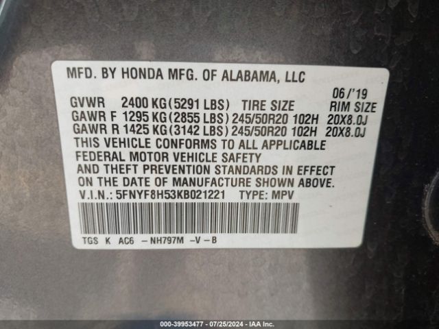 Photo 8 VIN: 5FNYF8H53KB021221 - HONDA PASSPORT 