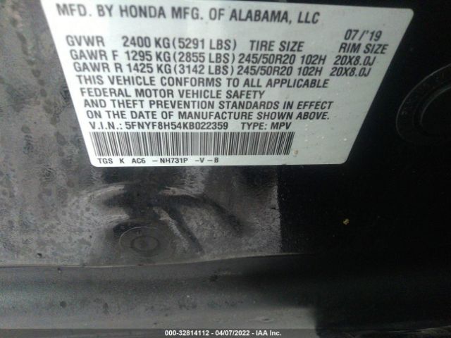 Photo 8 VIN: 5FNYF8H54KB022359 - HONDA PASSPORT 