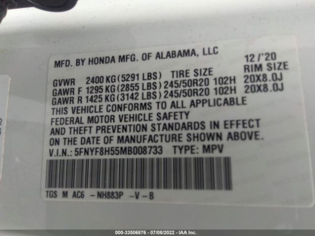 Photo 8 VIN: 5FNYF8H55MB008733 - HONDA PASSPORT 