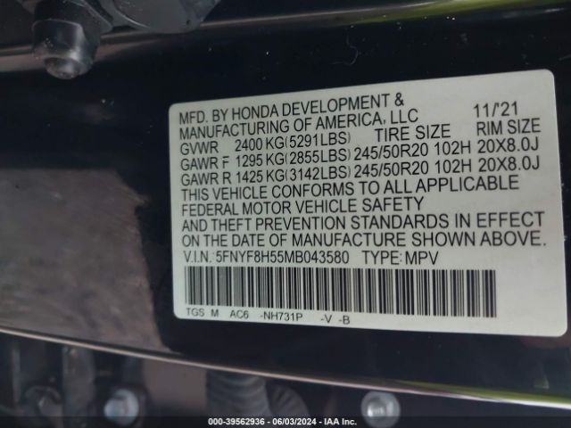 Photo 8 VIN: 5FNYF8H55MB043580 - HONDA PASSPORT 