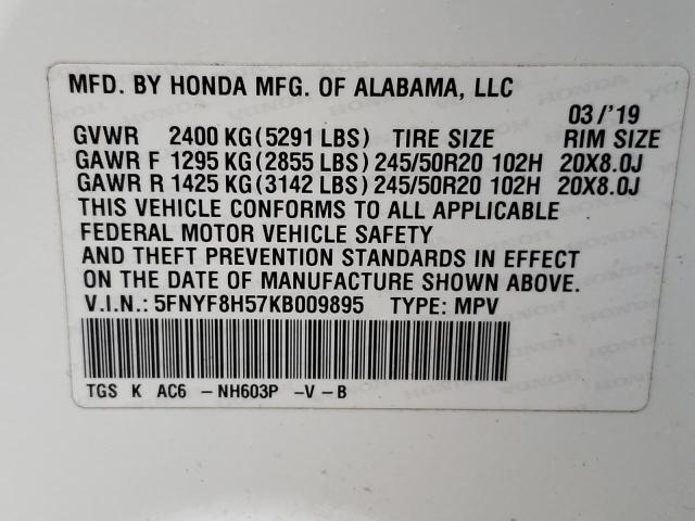 Photo 9 VIN: 5FNYF8H57KB009895 - HONDA PASSPORT E 