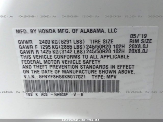 Photo 8 VIN: 5FNYF8H58KB017021 - HONDA PASSPORT 