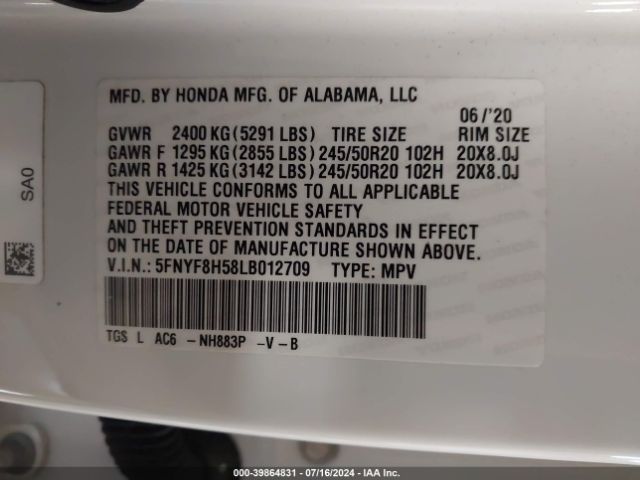 Photo 8 VIN: 5FNYF8H58LB012709 - HONDA PASSPORT 