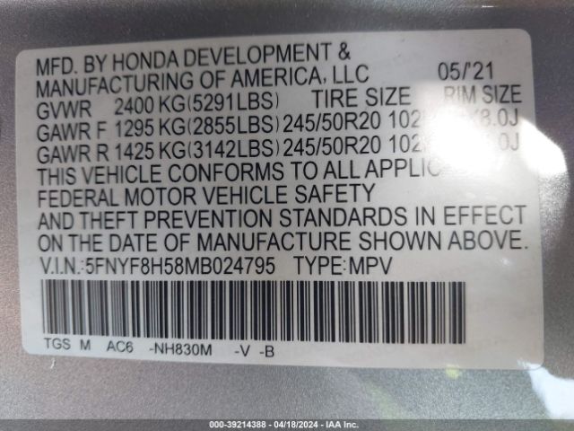 Photo 8 VIN: 5FNYF8H58MB024795 - HONDA PASSPORT 