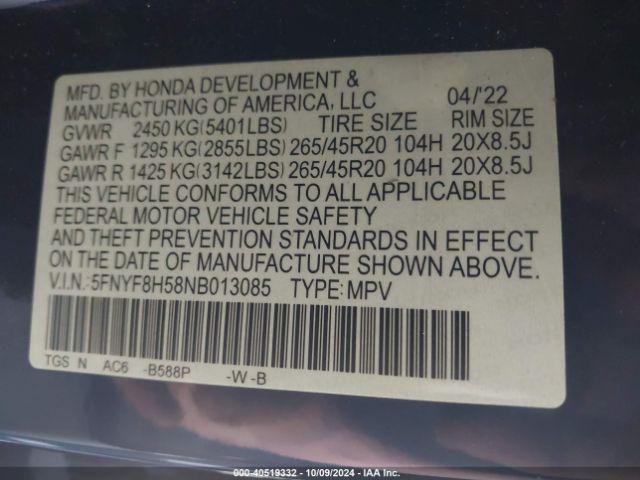 Photo 8 VIN: 5FNYF8H58NB013085 - HONDA PASSPORT 