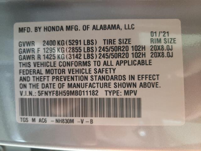 Photo 9 VIN: 5FNYF8H59MB011182 - HONDA PASSPORT E 