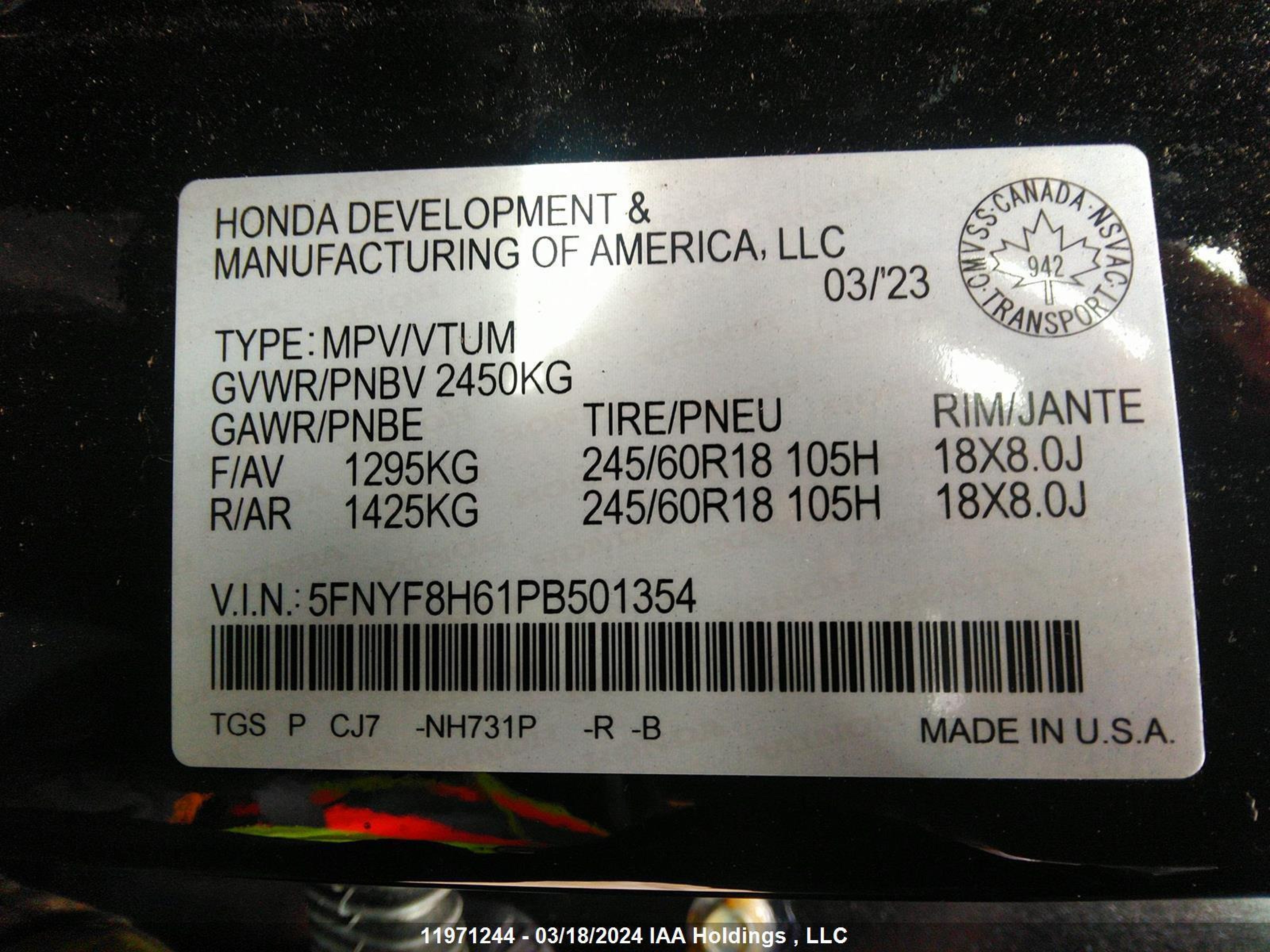 Photo 8 VIN: 5FNYF8H61PB501354 - HONDA PASSPORT 