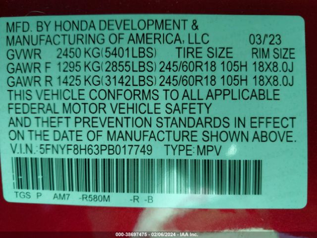 Photo 8 VIN: 5FNYF8H63PB017749 - HONDA PASSPORT 