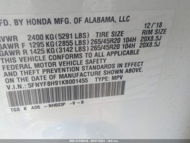 Photo 8 VIN: 5FNYF8H91KB001455 - HONDA PASSPORT 