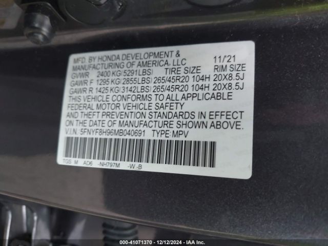 Photo 8 VIN: 5FNYF8H96MB040691 - HONDA PASSPORT 