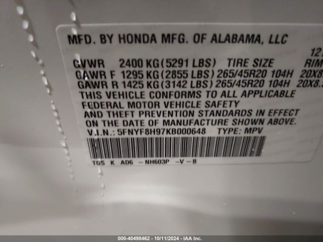 Photo 8 VIN: 5FNYF8H97KB000648 - HONDA PASSPORT 