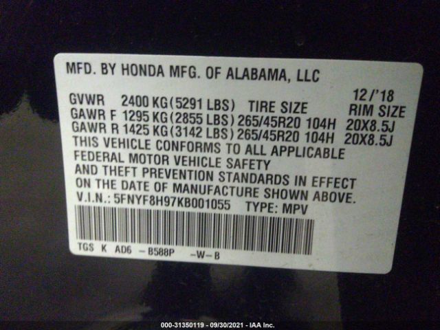 Photo 8 VIN: 5FNYF8H97KB001055 - HONDA PASSPORT 