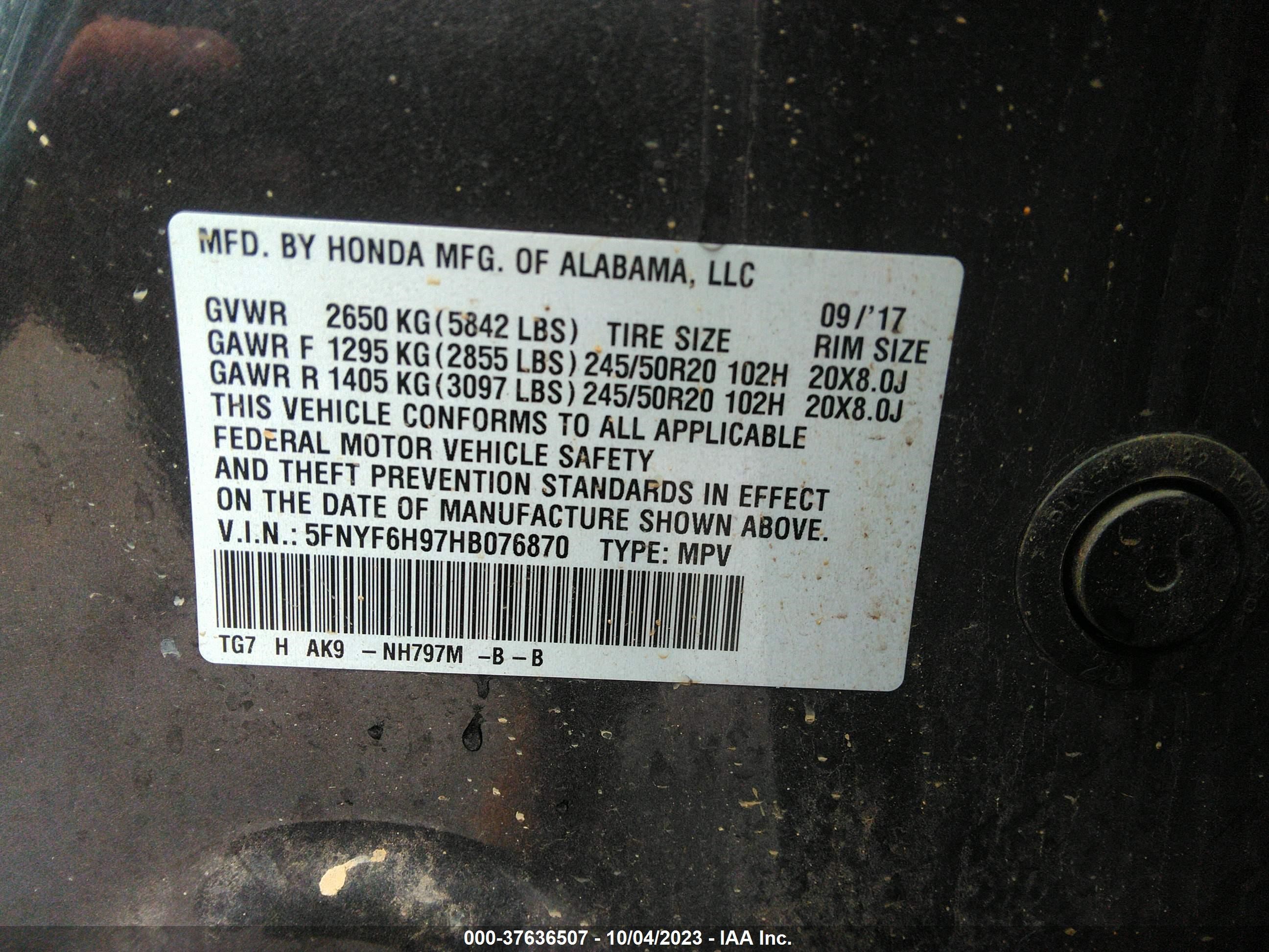 Photo 8 VIN: 5FNYFGH97HB076870 - HONDA PILOT 