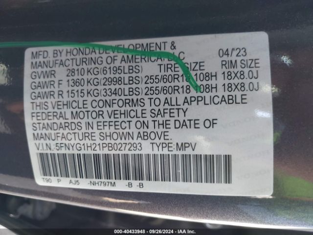 Photo 8 VIN: 5FNYG1H21PB027293 - HONDA PILOT 