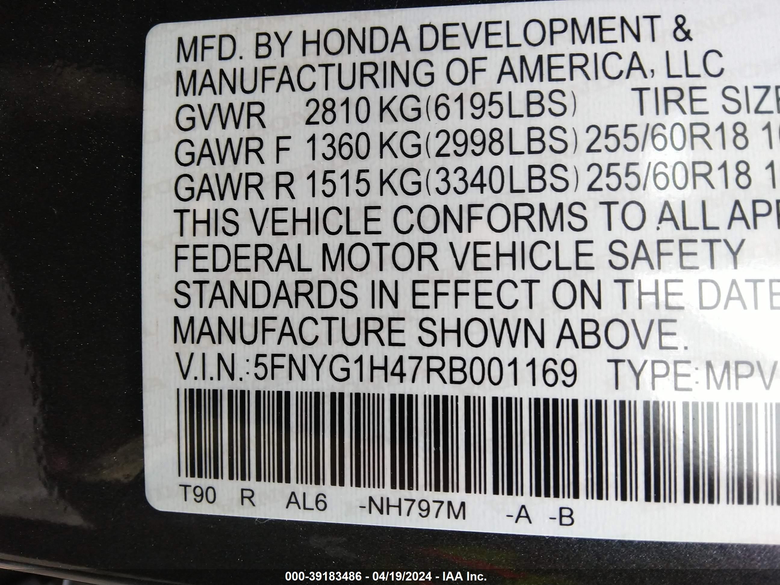 Photo 8 VIN: 5FNYG1H47RB001169 - HONDA PILOT 