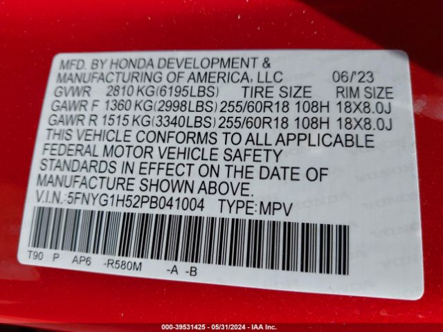 Photo 8 VIN: 5FNYG1H52PB041004 - HONDA PILOT 