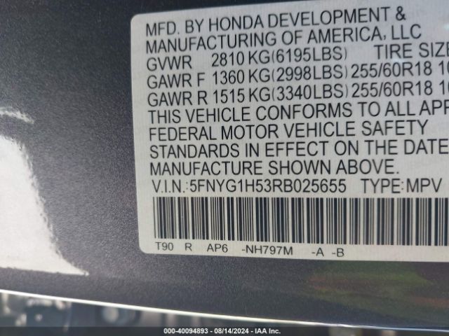 Photo 8 VIN: 5FNYG1H53RB025655 - HONDA PILOT 