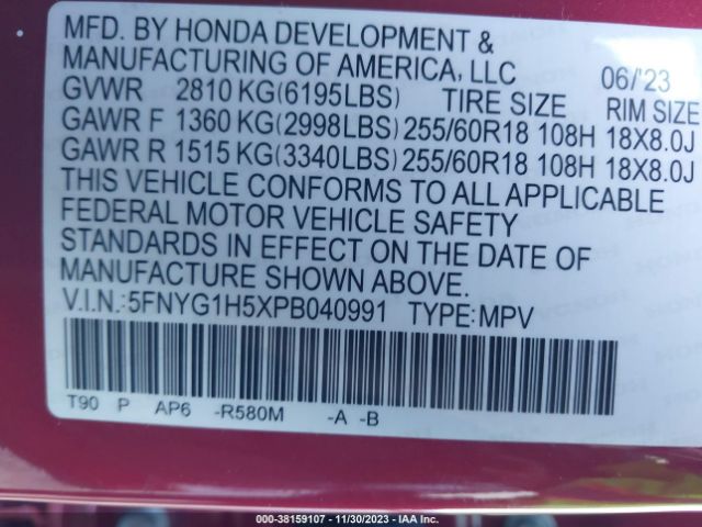 Photo 8 VIN: 5FNYG1H5XPB040991 - HONDA PILOT 