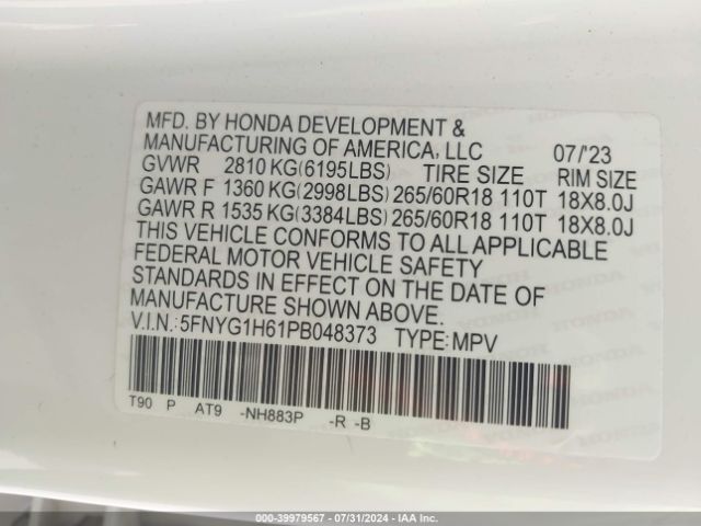 Photo 8 VIN: 5FNYG1H61PB048373 - HONDA PILOT 