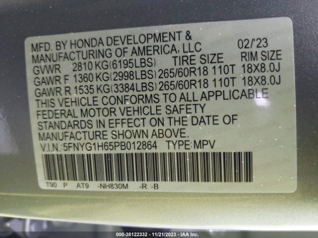 Photo 8 VIN: 5FNYG1H65PB012864 - HONDA PILOT 