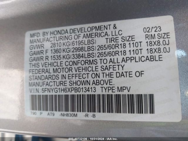 Photo 8 VIN: 5FNYG1H6XPB013413 - HONDA PILOT 