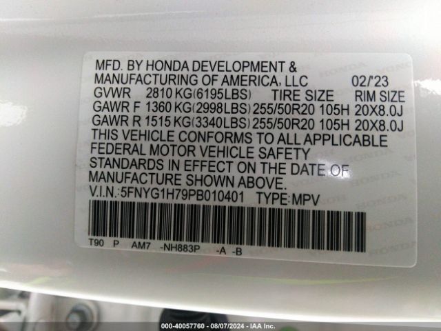 Photo 8 VIN: 5FNYG1H79PB010401 - HONDA PILOT 