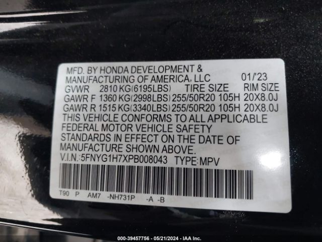 Photo 8 VIN: 5FNYG1H7XPB008043 - HONDA PILOT 