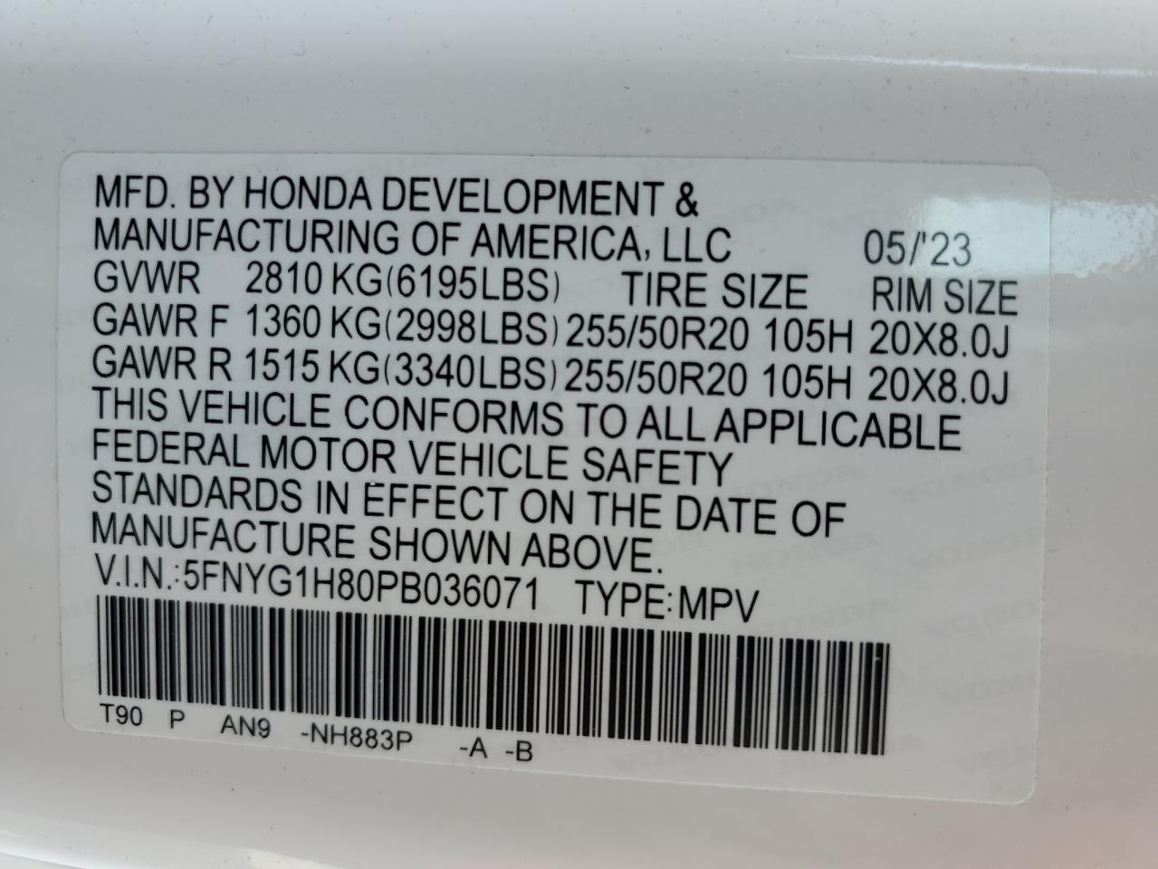 Photo 11 VIN: 5FNYG1H80PB036071 - HONDA PILOT 