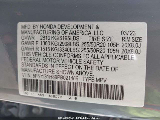 Photo 8 VIN: 5FNYG1H89PB021486 - HONDA PILOT 