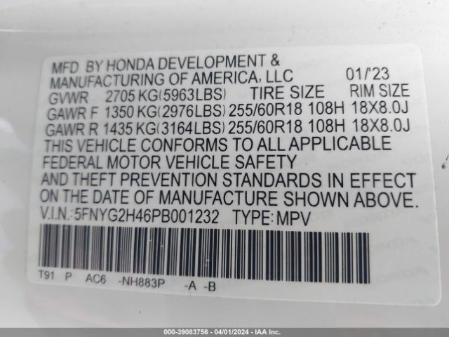 Photo 8 VIN: 5FNYG2H46PB001232 - HONDA PILOT 