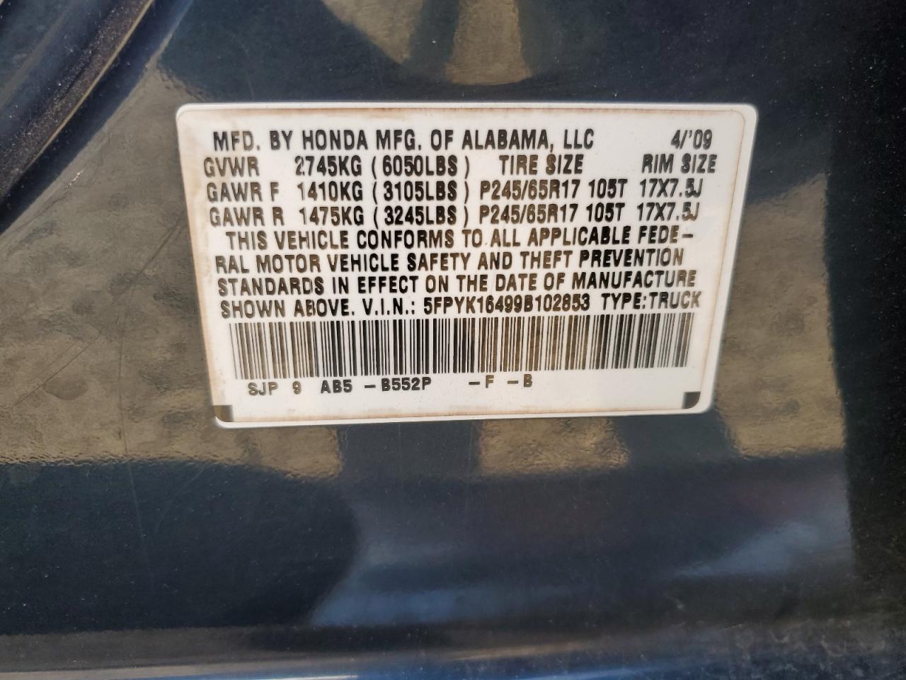 Photo 12 VIN: 5FPYK16499B102853 - HONDA RIDGELINE 