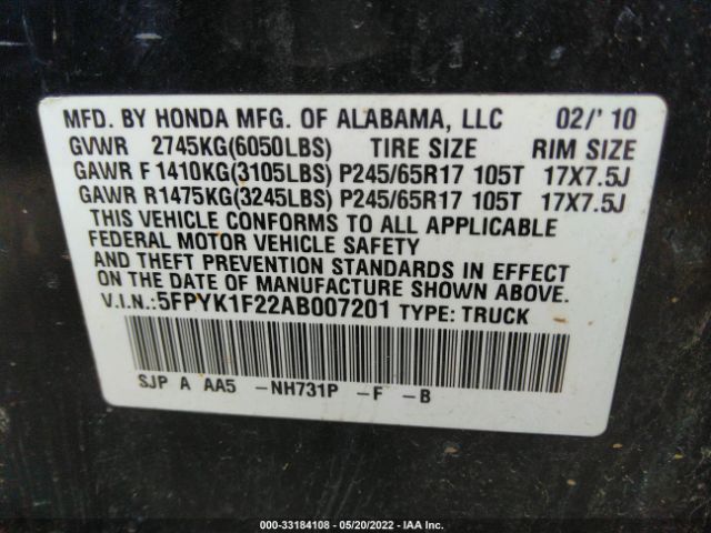 Photo 8 VIN: 5FPYK1F22AB007201 - HONDA RIDGELINE 