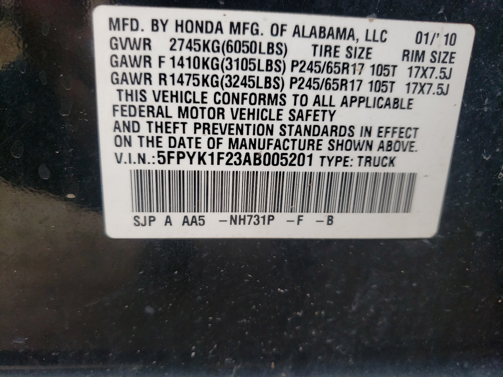 Photo 9 VIN: 5FPYK1F23AB005201 - HONDA RIDGELINE 