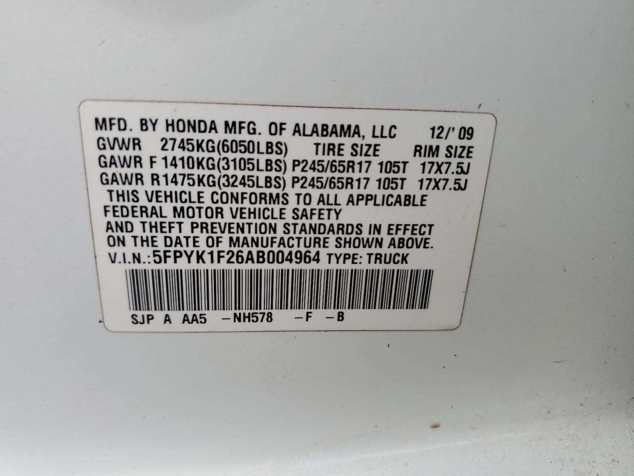 Photo 12 VIN: 5FPYK1F26AB004964 - HONDA RIDGELINE 