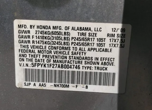 Photo 8 VIN: 5FPYK1F27AB004746 - HONDA RIDGELINE 