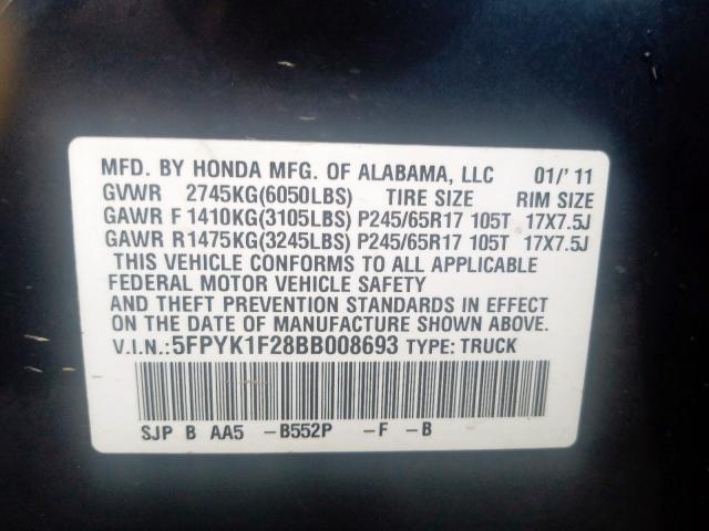 Photo 9 VIN: 5FPYK1F28BB008693 - HONDA RIDGELINE 