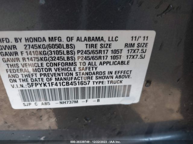 Photo 8 VIN: 5FPYK1F41CB451657 - HONDA RIDGELINE 