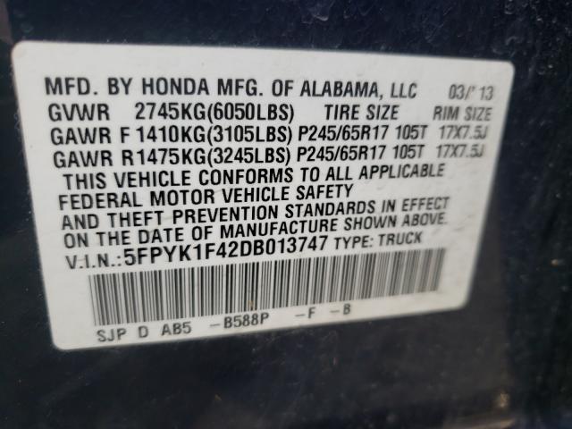 Photo 9 VIN: 5FPYK1F42DB013747 - HONDA RIDGELINE 