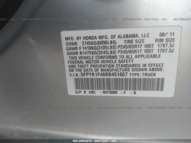 Photo 8 VIN: 5FPYK1F46BB451667 - HONDA RIDGELINE 