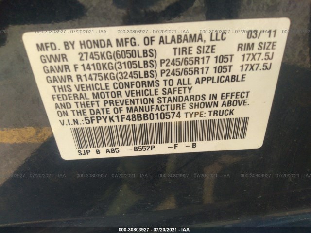 Photo 8 VIN: 5FPYK1F48BB010574 - HONDA RIDGELINE 