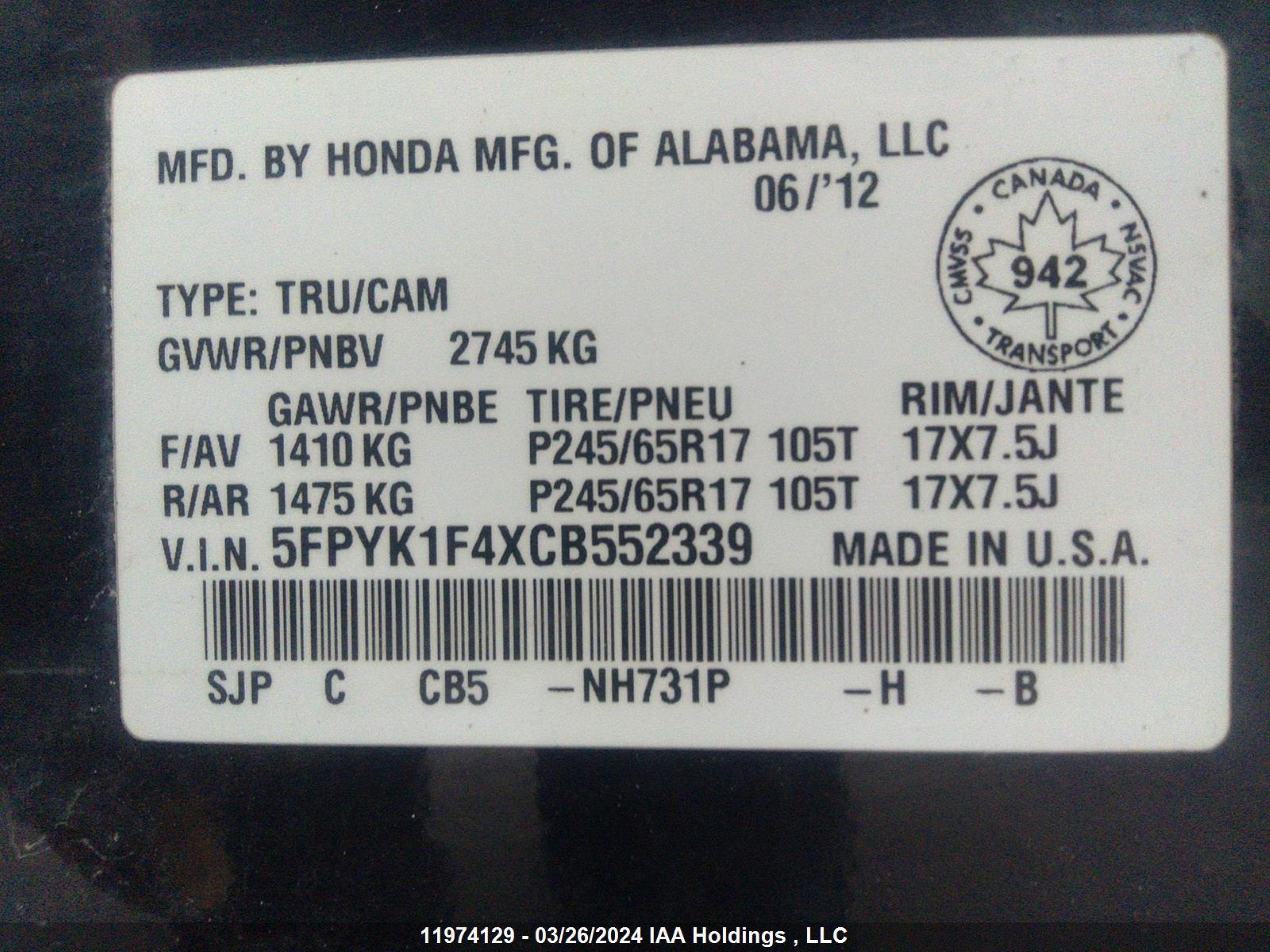 Photo 9 VIN: 5FPYK1F4XCB552339 - HONDA RIDGELINE 