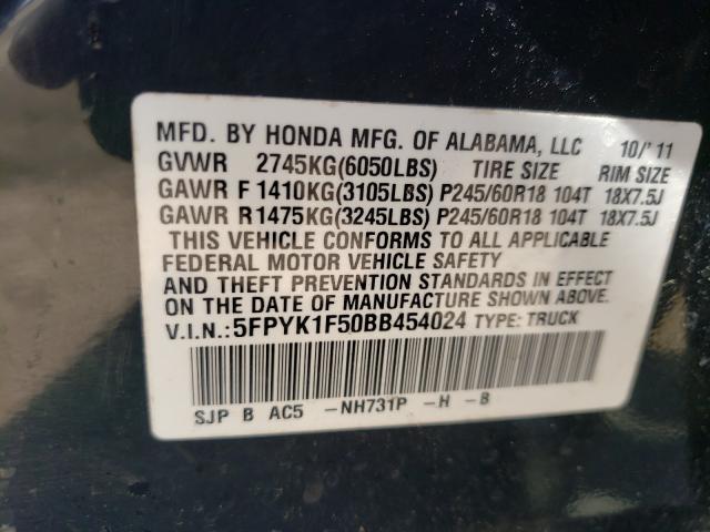 Photo 9 VIN: 5FPYK1F50BB454024 - HONDA RIDGELINE 