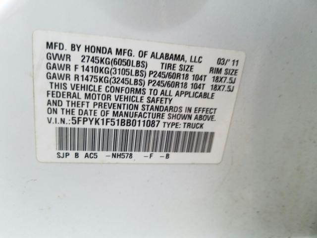 Photo 9 VIN: 5FPYK1F51BB011087 - HONDA RIDGELINE 