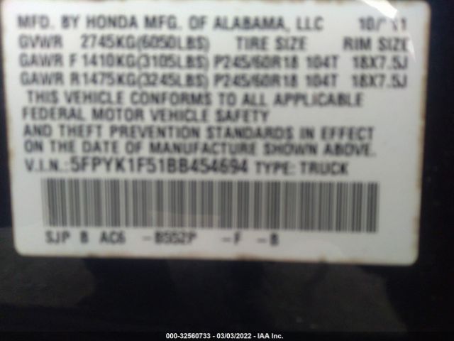 Photo 8 VIN: 5FPYK1F51BB454694 - HONDA RIDGELINE 