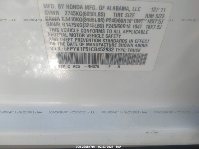 Photo 8 VIN: 5FPYK1F51CB452932 - HONDA RIDGELINE 