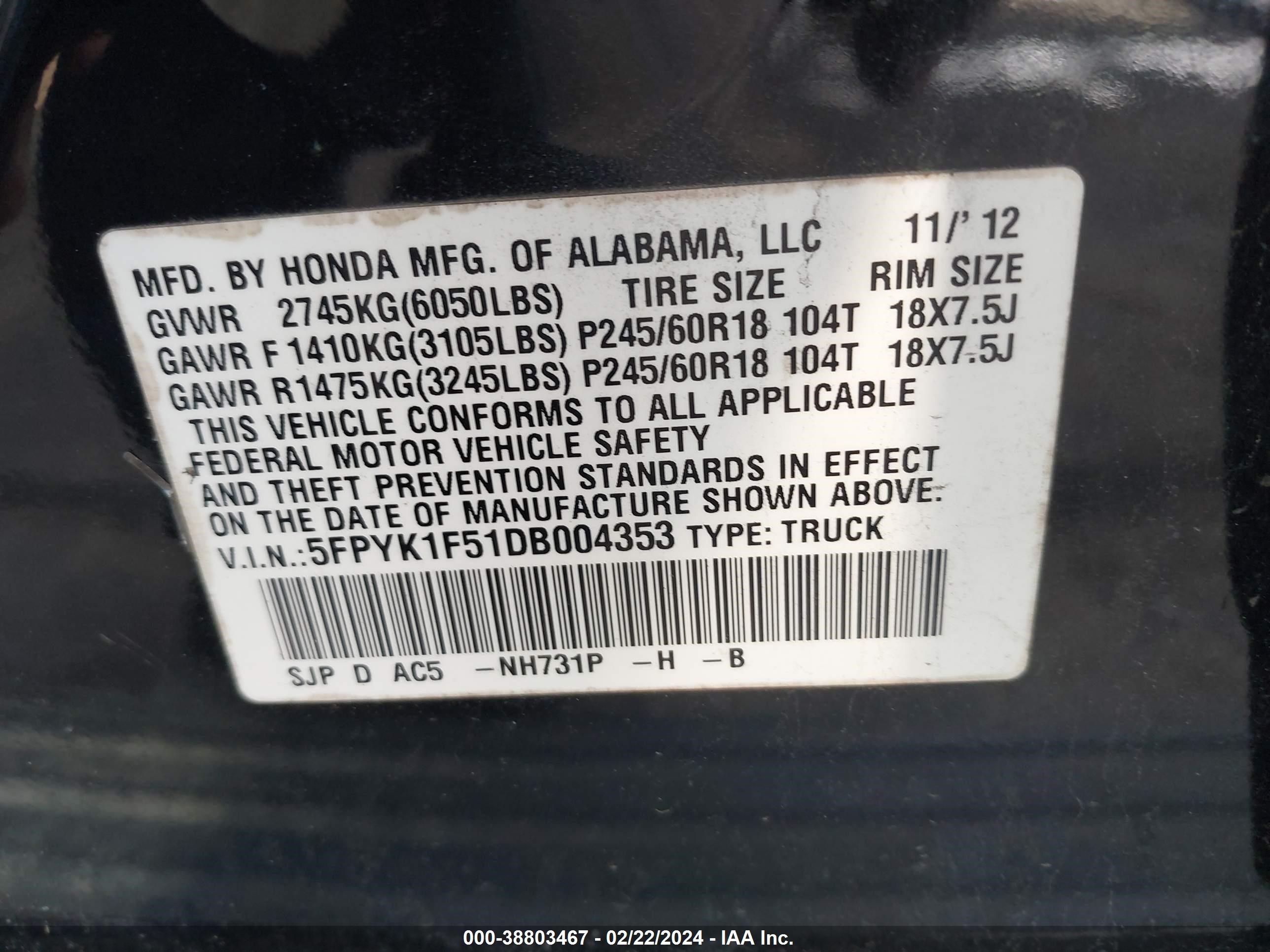 Photo 8 VIN: 5FPYK1F51DB004353 - HONDA RIDGELINE 