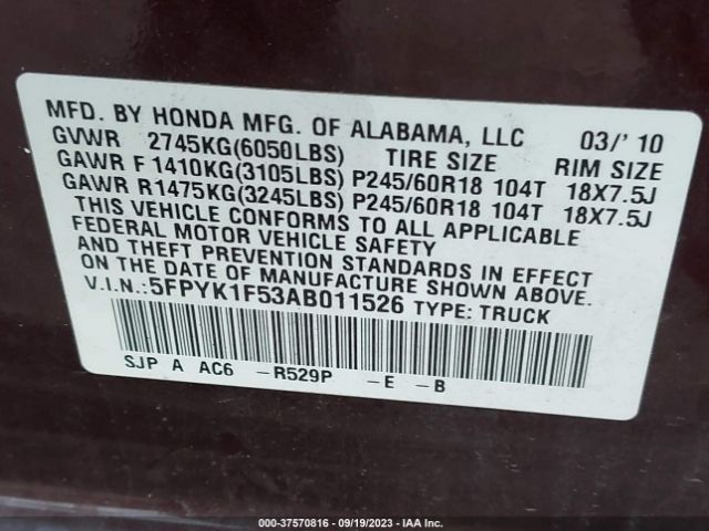 Photo 8 VIN: 5FPYK1F53AB011526 - HONDA RIDGELINE 