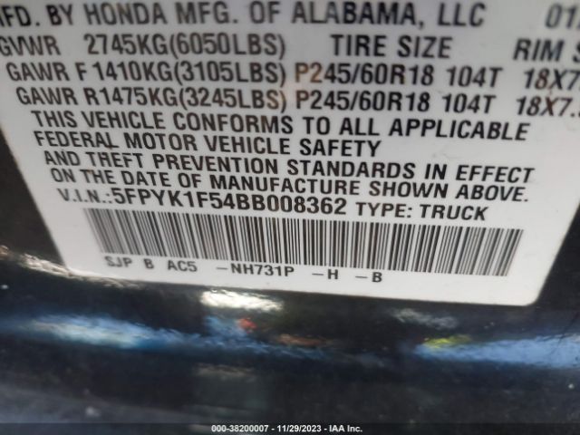 Photo 8 VIN: 5FPYK1F54BB008362 - HONDA RIDGELINE 