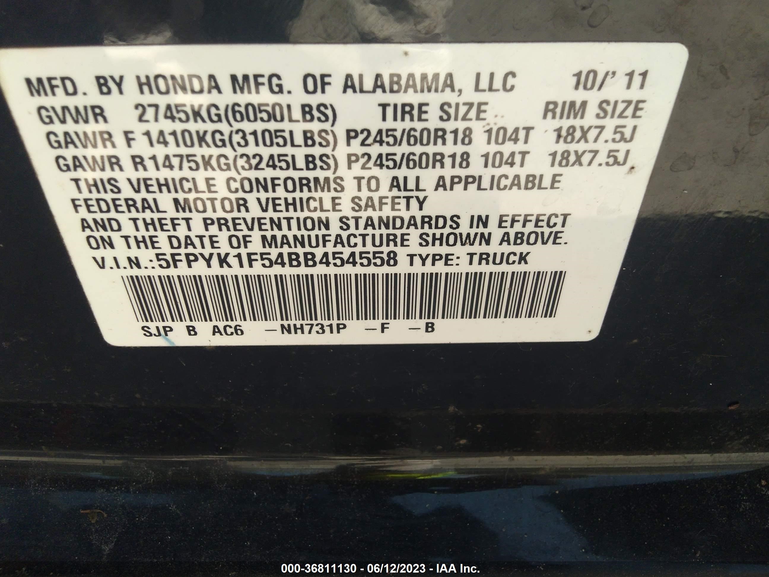 Photo 8 VIN: 5FPYK1F54BB454558 - HONDA RIDGELINE 